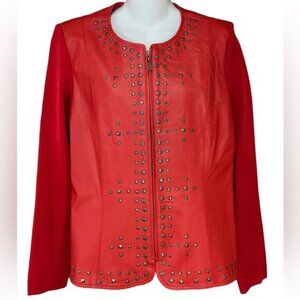 Peter Nygard Womens Medium Red Leather/Sweater Mix Stud Detail Full Zip Jacket